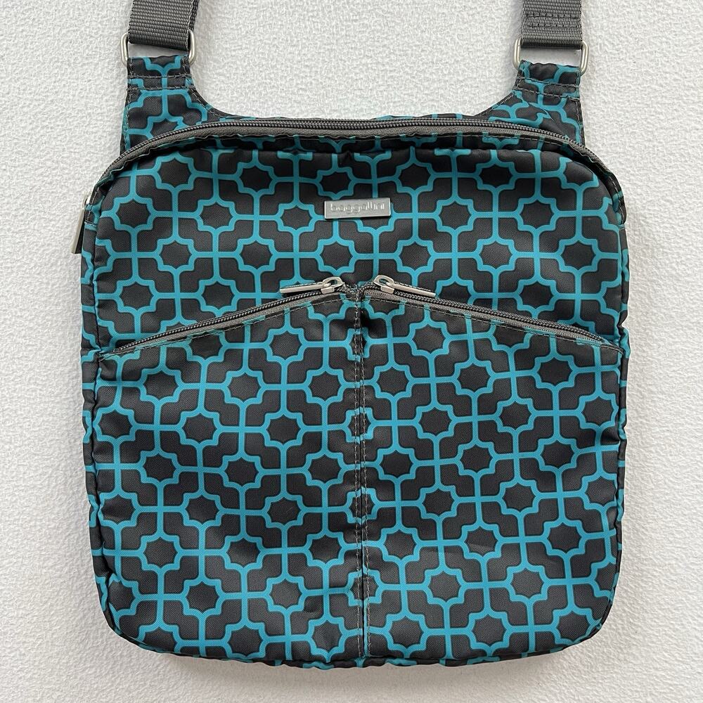 Baggallini Horizon Aqua Blue Gray Trellis Print Crossbody Shoulder Nylon Bag